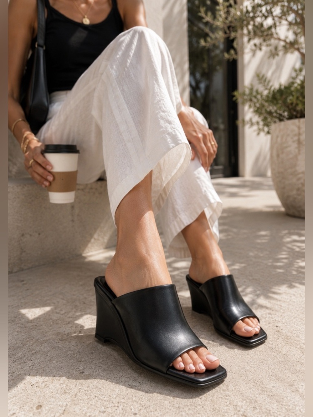 FRAME Black Leather Wedge Mule Sandals Square Toe Slip On EU 38.5
